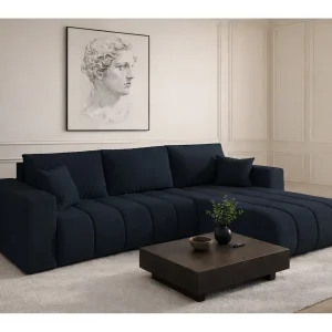 Hoekbank met slaapfunctie en opbergvak MILO PREMIUM, stof WIND, donkerblauw, rechterzijde Hoekbank met slaapfunctie en opbergvak MILO PREMIUM, stof WIND, donkerblauw, rechterzijde