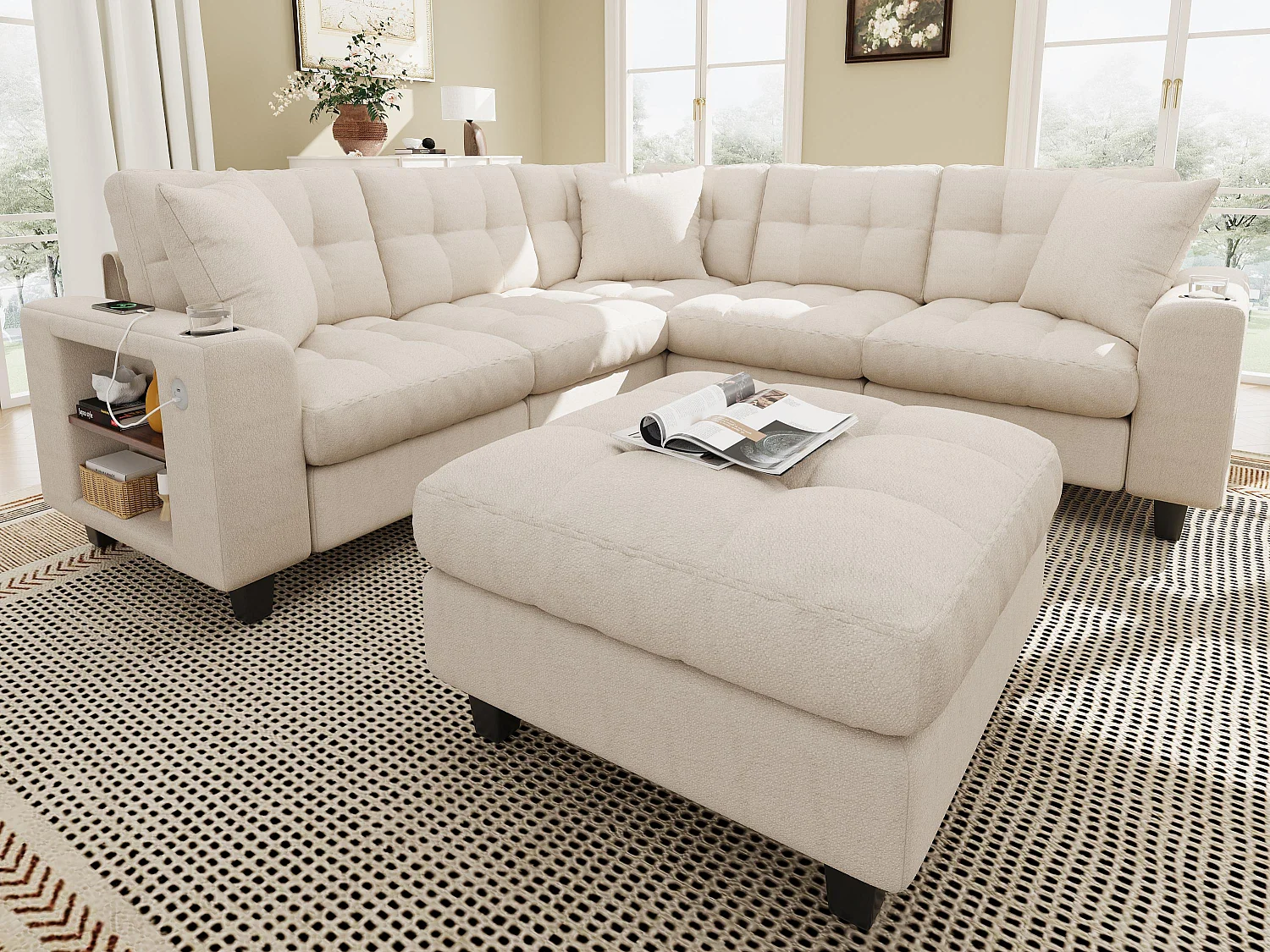 Hoekbank 6-zits in U-vorm - met armleuningen in boekenkast stijl - met verwijderbare pouf - met drankhouder - met USB/USB-C-poorten - beige