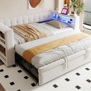 Gestoffeerd bed 90×190 cm – met LED-verlichting – met uitschuifbaar bed – met stopcontact – beige