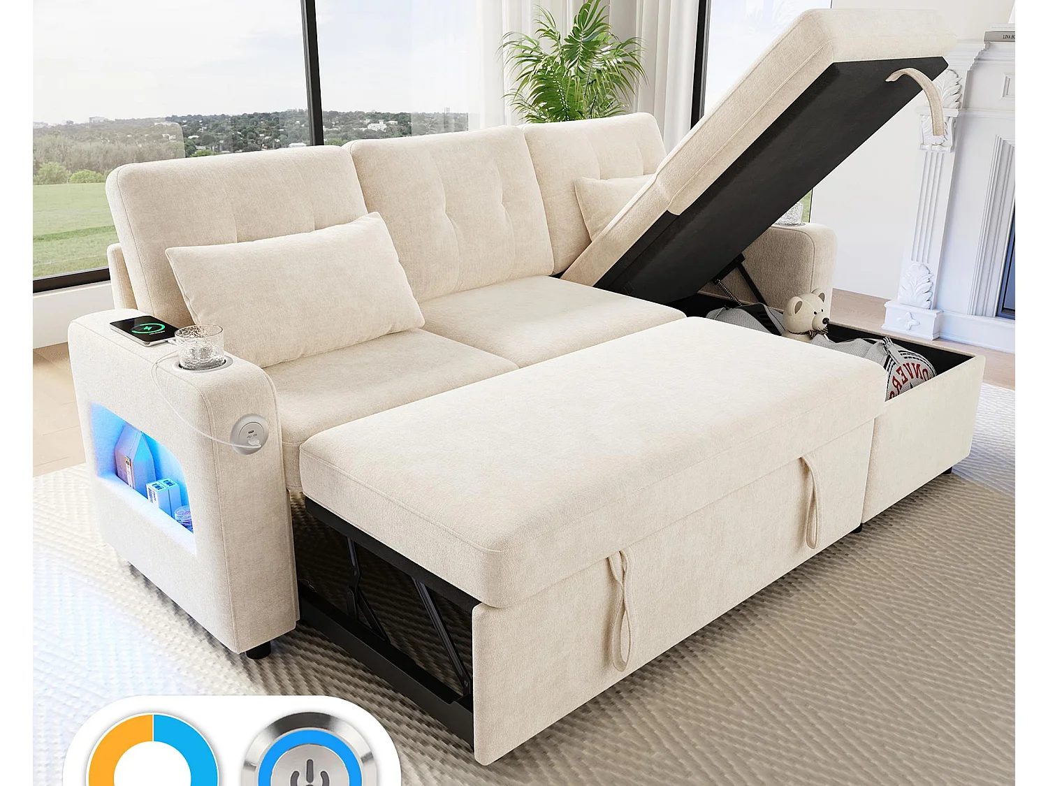 Hoekbank in L-vorm - met opbergruimte - USB/Type-C-poorten - drankhouders - LED-verlichting - beige