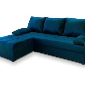 Hoekbank RITA van fluweel met slaapfunctie Blau Hoekbank RITA van fluweel met slaapfunctie Blau