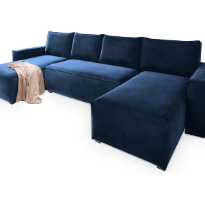 Hoekbank DENI van fluweel met slaapfunctie Blau