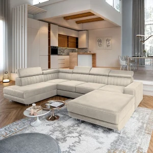 Hoekbank SIENA van fluweel met slaapfunctie Creme