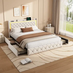 Gestoffeerd fluwelen bed beige 140×200 cm met 4 lades, RGB LED-verlichting en ingebouwde USB-poorten Gestoffeerd fluwelen bed beige 140×200 cm met 4 lades, RGB LED-verlichting en ingebouwde USB-poorten