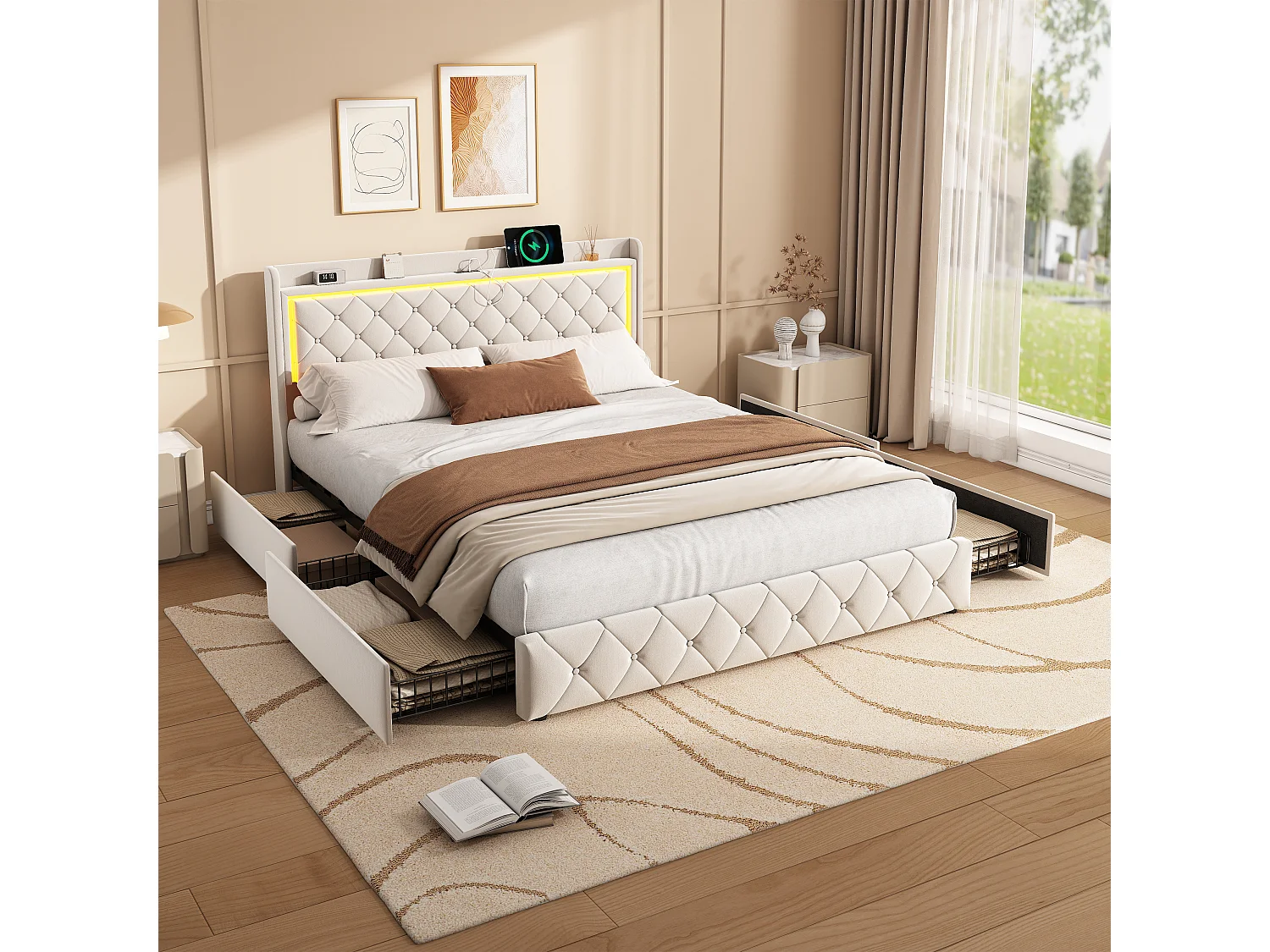 Gestoffeerd fluwelen bed beige 140x200 cm met 4 lades, RGB LED-verlichting en ingebouwde USB-poorten