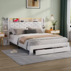 Gestoffeerd Tweepersoonsbed met Meerdere Open Opbergvakken – Functioneel Bedframe met 2 Laden, LED en USB – 160x200cm