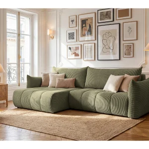 Hoekbank Flo, met slaapfunctie, voor de woonkamer, Poso-stof, lichtgroen (46)