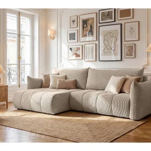 Hoekbank Flo, met slaapfunctie, voor de woonkamer, stof Poso, cappuccino (02)