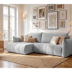 Hoekbank Flo, met slaapfunctie, voor de woonkamer, Poso-stof, lichtgrijs (55)