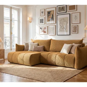 Hoekbank Flo, met slaapfunctie, voor de woonkamer, Poso-stof, mosterdkleurig (01)
