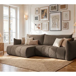 Hoekbank Flo, met slaapfunctie, voor de woonkamer, stof Poso, bruin (04)