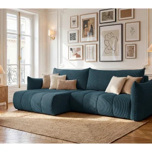 Hoekbank Flo, met slaapfunctie, voor de woonkamer, stof Poso, marineblauw (05)