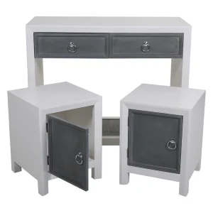 Haltafel en twee houten krukjes, wit en grijs gelakt, 3-delige set Haltafel en twee houten krukjes, wit en grijs gelakt, 3-delige set