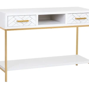 Halmeubel met twee lades van hout en wit en goudkleurig metaal. Halmeubel met twee lades van hout en wit en goudkleurig metaal.