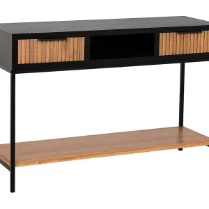 Halmeubel met twee lades van hout en zwart en bruin metaal. Halmeubel met twee lades van hout en zwart en bruin metaal.