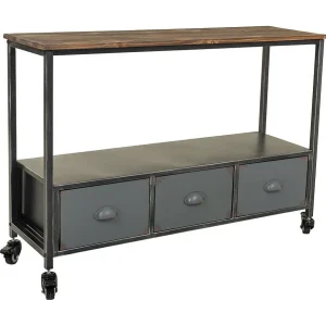 Haltafel van hout en metaal met 2 planken en 3 lades. Haltafel van hout en metaal met 2 planken en 3 lades.