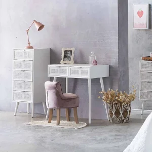 Haltafel van hout en gaas met 2 witte lades Haltafel van hout en gaas met 2 witte lades