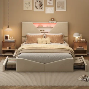 Gestoffeerd tweepersoonsbed beige 160×200 cm met 4 laden, LED-touch hoofdeinde, plank en draadloze oplader – modern geometrisch design Gestoffeerd tweepersoonsbed beige 160×200 cm met 4 laden, LED-touch hoofdeinde, plank en draadloze oplader – modern geometrisch design