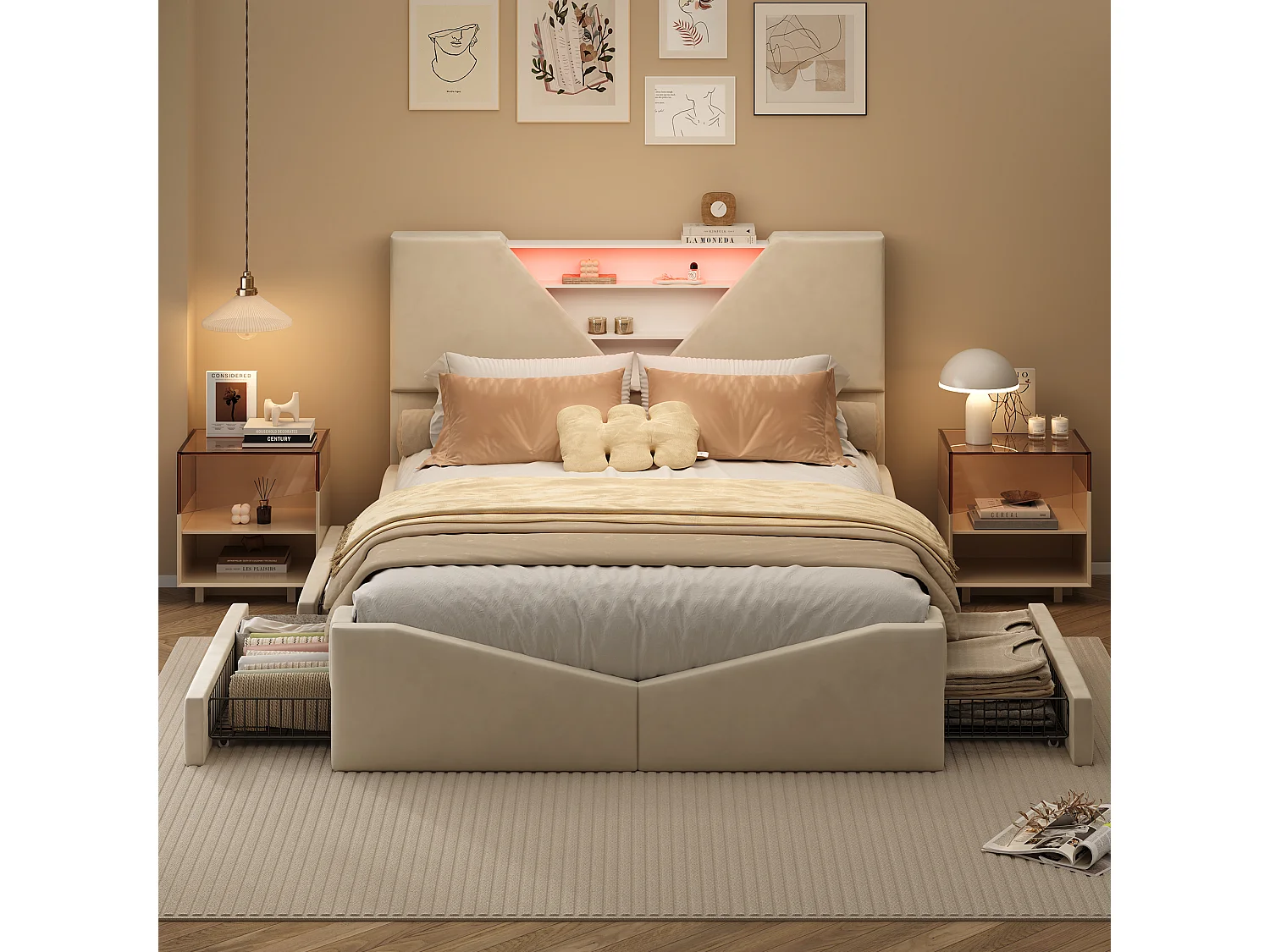 Gestoffeerd tweepersoonsbed beige 160x200 cm met 4 laden, LED-touch hoofdeinde, plank en draadloze oplader – modern geometrisch design