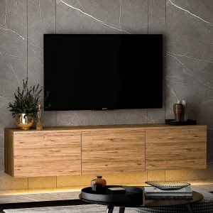 Moderne Houten Wandgemonteerde TV-Standaard met LED-Verlichting "Neon Verlicht" – Bruin – 160 x 32 x 35 cm Moderne Houten Wandgemonteerde TV-Standaard met LED-Verlichting "Neon Verlicht" – Bruin – 160 x 32 x 35 cm