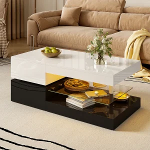 Glanzende salontafel – 90 x 45 x 35,5 cm – met LED's + glazen plank – spaanplaat – wit + zwart