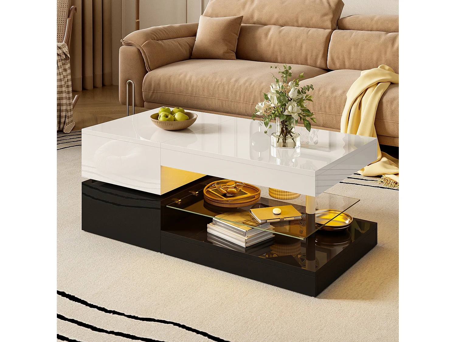 Glanzende salontafel - 90 x 45 x 35,5 cm - met LED's + glazen plank - spaanplaat - wit + zwart