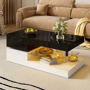 Glanzende salontafel – 90 x 45 x 35,5 cm – met LED's + glazen plank – spaanplaat – zwart + wit