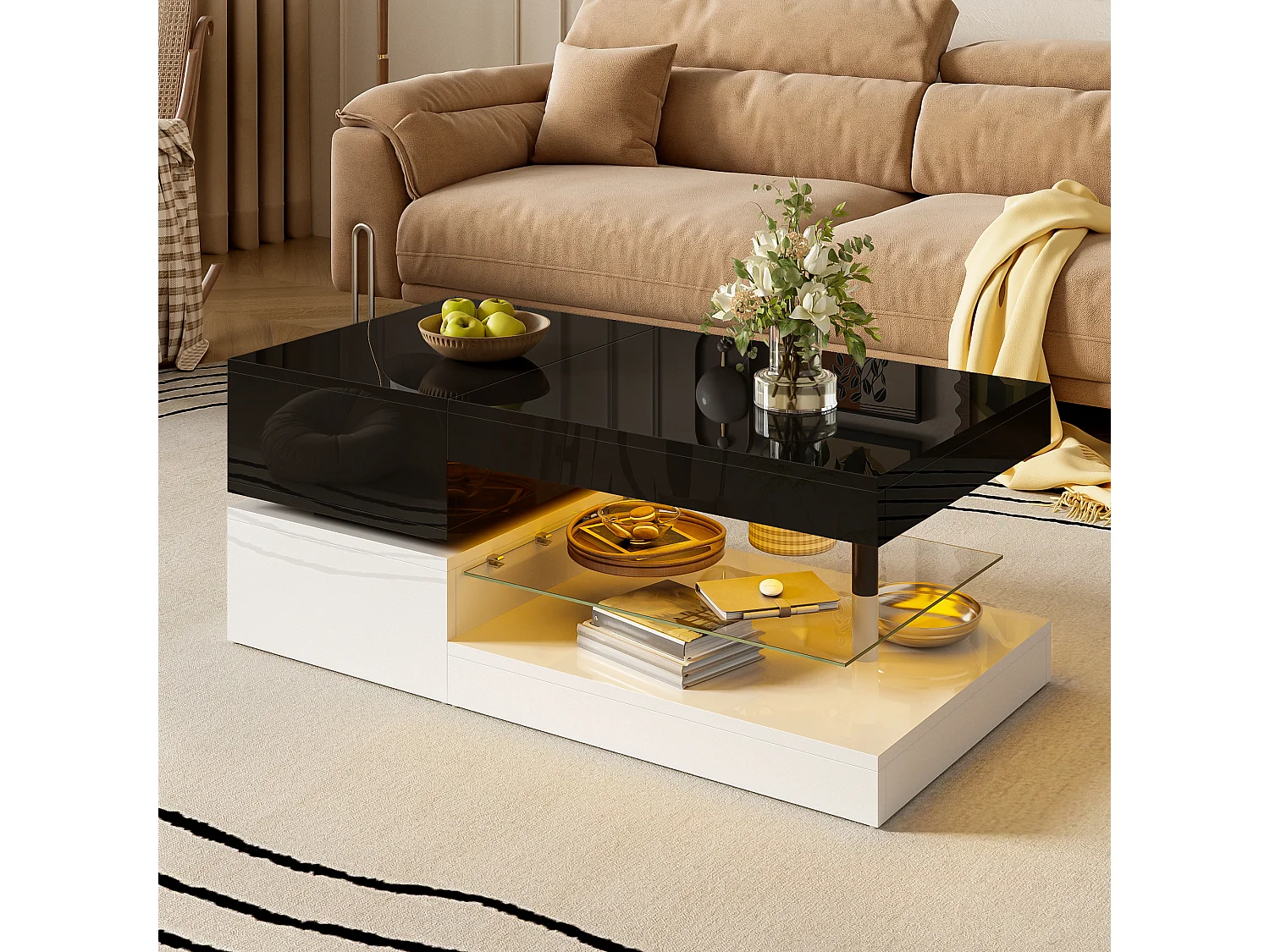 Glanzende salontafel - 90 x 45 x 35,5 cm - met LED's + glazen plank - spaanplaat - zwart + wit