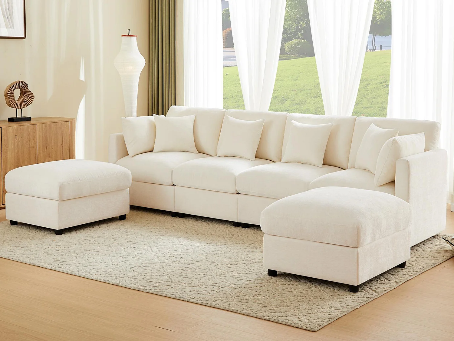 Hoekbank in U- of L-vorm - 4 zitplaatsen - met 2 poufs - verstelbare armleuningen - met 4 kussens + 2 hoofdsteunen - beige