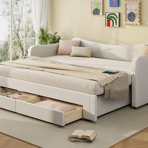 Gestoffeerde slaapbank 90x200cm – Met neerklapbaar bedframe – 2 opberglades – USB-poort – Fluweel stof – Beige (Matras niet inbegrepen) Gestoffeerde slaapbank 90x200cm – Met neerklapbaar bedframe – 2 opberglades – USB-poort – Fluweel stof – Beige (Matras niet inbegrepen)