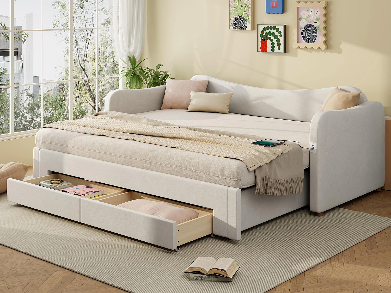Gestoffeerde slaapbank 90x200cm - Met neerklapbaar bedframe - 2 opberglades - USB-poort - Fluweel stof - Beige (Matras niet inbegrepen)