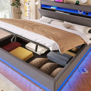 Gestoffeerd bed met opbergruimte 180×200 cm – met USB Type-C poort – met LED-verlichting – met opbergvak – Grijs (matras niet inbegrepen) Gestoffeerd bed met opbergruimte 180×200 cm – met USB Type-C poort – met LED-verlichting – met opbergvak – Grijs (matras niet inbegrepen)