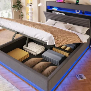 Gestoffeerd bed met opbergruimte 140×200 cm – met USB Type-C poort – met LED-verlichting – met opbergvak – Grijs​ (matras niet inbegrepen)
