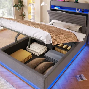 Gestoffeerd bed met opbergruimte 90×200 cm – met USB Type-C poort – met LED-verlichting – met opbergvak – Grijs​ (matras niet inbegrepen)