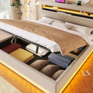 Gestoffeerd bed met opbergruimte 180×200 cm – met USB Type-C poort – met LED-verlichting – met opbergvak – Beige (matras niet inbegrepen) Gestoffeerd bed met opbergruimte 180×200 cm – met USB Type-C poort – met LED-verlichting – met opbergvak – Beige (matras niet inbegrepen)
