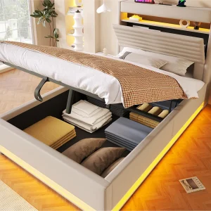 Gestoffeerd bed met opbergruimte 90×200 cm – met USB Type-C poort – met LED-verlichting – met opbergvak – Beige​ (matras niet inbegrepen)