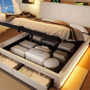 Gestoffeerd bed met opbergruimte 140×200 cm – met USB Type-C poort – met LED-verlichting – linnen – beige​ (matras niet inbegrepen)