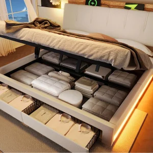 Gestoffeerd bed met opbergruimte 180×200 cm – met USB Type-C poort – met LED-verlichting – linnen – beige (matras niet inbegrepen) Gestoffeerd bed met opbergruimte 180×200 cm – met USB Type-C poort – met LED-verlichting – linnen – beige (matras niet inbegrepen)