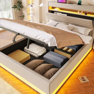 Gestoffeerd bed met opbergruimte 140×200 cm – met USB Type-C poort – met LED-verlichting – met opbergvak – Beige​ (matras niet inbegrepen)