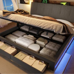 Gestoffeerd bed met opbergruimte 180×200 cm – met USB Type-C poort – met LED-verlichting – linnen – grijs (matras niet inbegrepen) Gestoffeerd bed met opbergruimte 180×200 cm – met USB Type-C poort – met LED-verlichting – linnen – grijs (matras niet inbegrepen)