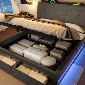 Gestoffeerd bed met opbergruimte 140×200 cm – met USB Type-C poort – met LED-verlichting – linnen – grijs​ (matras niet inbegrepen)