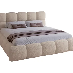 Gestoffeerd bed 160×200 Lucca – bed met opbergruimte, bouclé, metalen lattenbodem – Beige (Lambi 6)