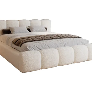 Gestoffeerd bed bouclé 200×200 Ravello met opbergruimte – Tweepersoonsbed, metalen lattenbodem – Crème (Lambi 1)