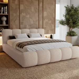 Gestoffeerd bed bouclé 160×200 Ravello met opbergruimte – Tweepersoonsbed, lattenbodem – Beige (Lambi 6)