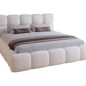 Gestoffeerd bed 160×200 Lucca – bed met opbergruimte, bouclé, metalen lattenbodem – Crème (Lambi 1)