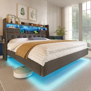 Gestoffeerd hangbed – 140 x 190 cm – met LED-verlichting + opbergruimte in het hoofdeinde + USB-aansluiting – linnen – grijs Gestoffeerd hangbed – 140 x 190 cm – met LED-verlichting + opbergruimte in het hoofdeinde + USB-aansluiting – linnen – grijs