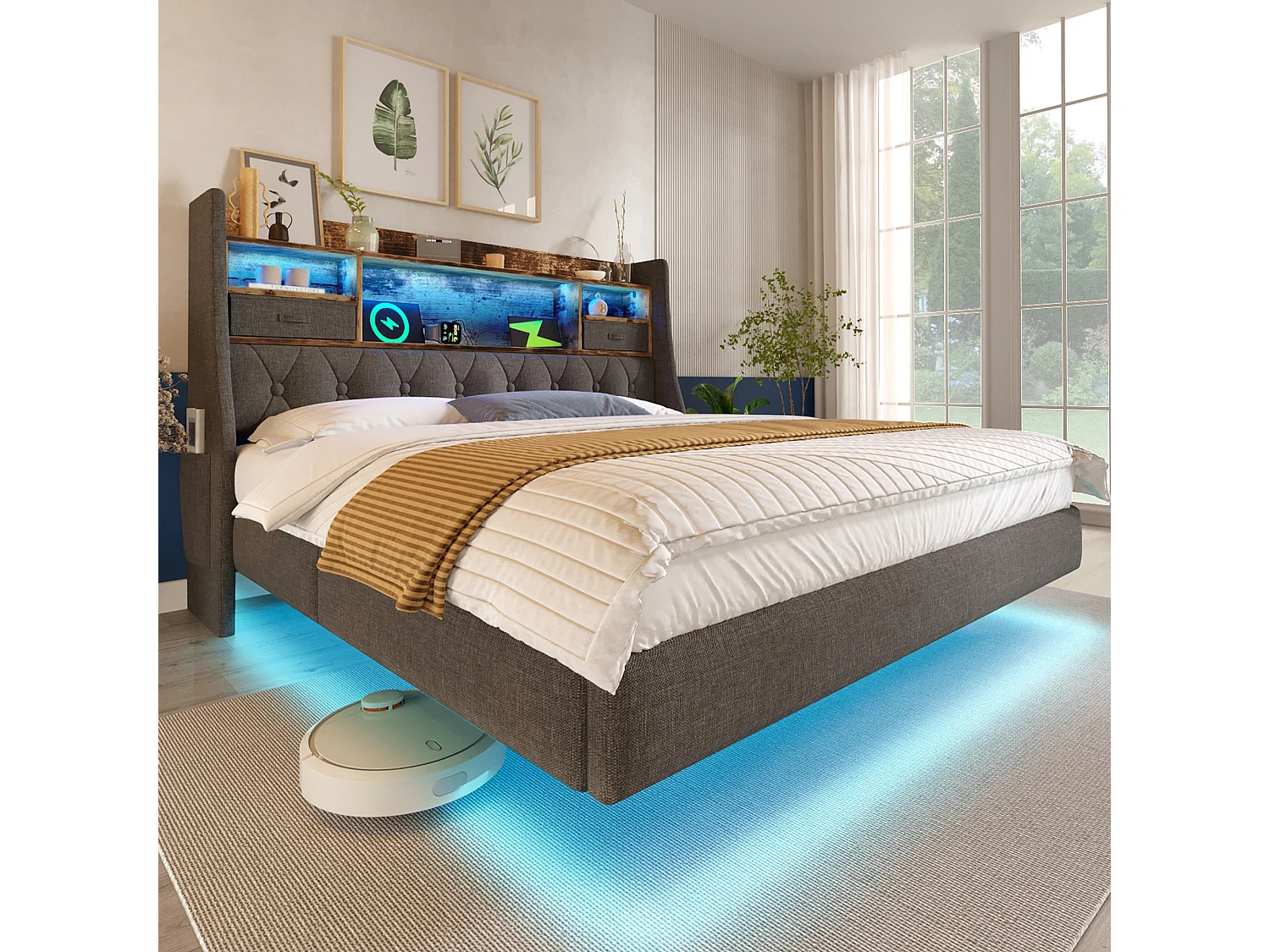 Gestoffeerd hangbed - 140 x 190 cm - met LED-verlichting + opbergruimte in het hoofdeinde + USB-aansluiting - linnen - grijs