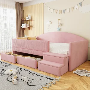Gestoffeerde slaapbank voor kinderen – 90 x 190 cm – met 2 lades + zijhekjes + opstapje – fluweel – roze Gestoffeerde slaapbank voor kinderen – 90 x 190 cm – met 2 lades + zijhekjes + opstapje – fluweel – roze