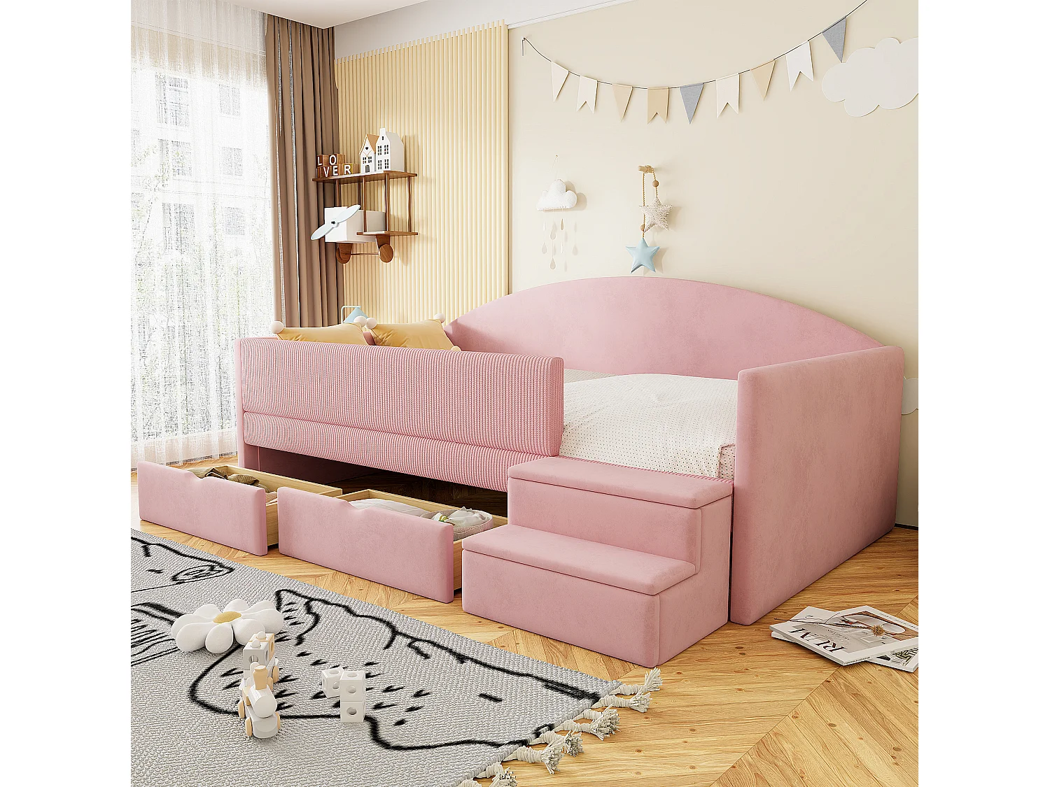 Gestoffeerde slaapbank voor kinderen - 90 x 190 cm - met 2 lades + zijhekjes + opstapje - fluweel - roze