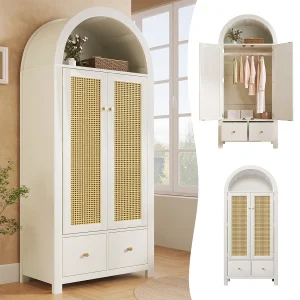 Gevlochten rotan kledingkast – 181 x 78 x 45 cm – landelijke stijl met eikenhouten afwerking – met plank + 2 deuren + 2 lades – hout – wit